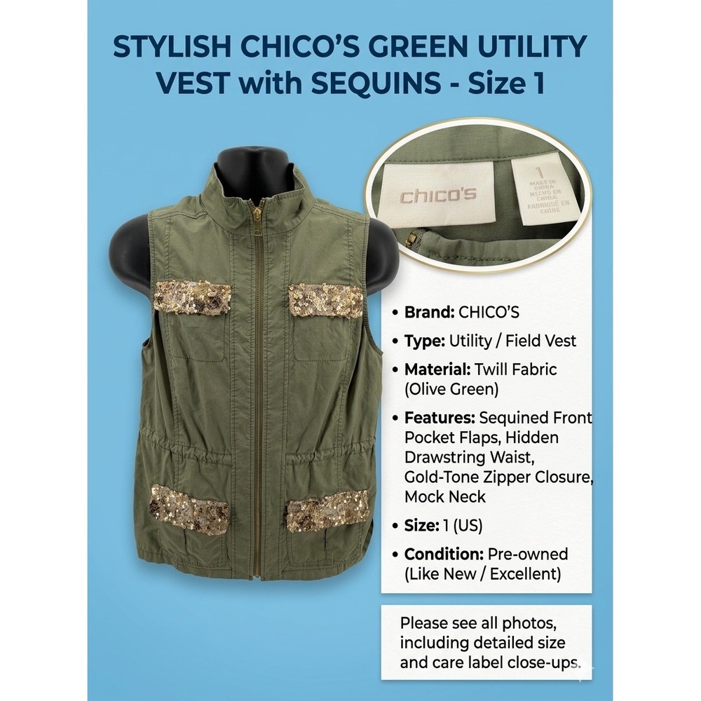 Chico's‎ Sequin Utility Vest Olive Green Military Field Jacket Size 1 Medium